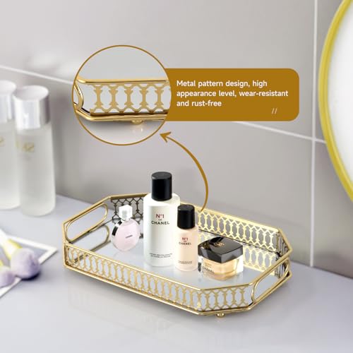 Mirrored Perfume & Makeup Vanity Tray - Hollow-Out Jewelry Storage, Gold Metal & Glass Trinket Organizer for Dresser & Bathroom Countertop, 11.3" Small Size - size: 11.3" x 7" x 2"