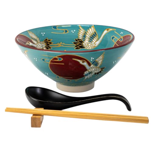 Urban Tokyo 24oz Large Ceramic Ramen Bowl Set with Chopsticks, Spoon & Bamboo Rest – Oriental Japanese Design, Microwave & Dishwasher Safe (Moon Crane) - color: Moon Crane