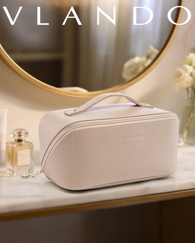 VLANDO Travel Makeup Bag with 180°Opening, Women Toiletry Case,Toffee - color: 01.Toffee