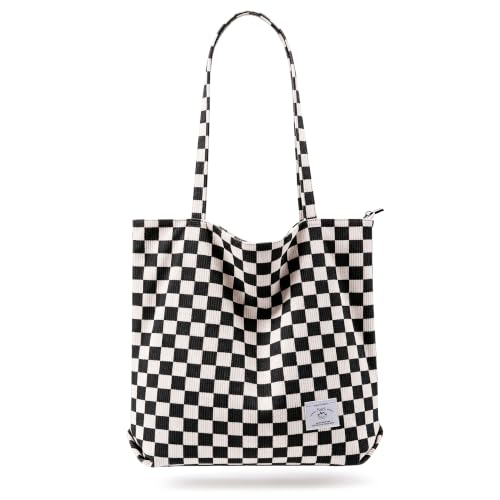 KALIDI Women Corduroy Tote Bag Zipper Casual Tote's Handbag Big Capacity Shoulder Bag with Pockets - color: Checkerboard Black