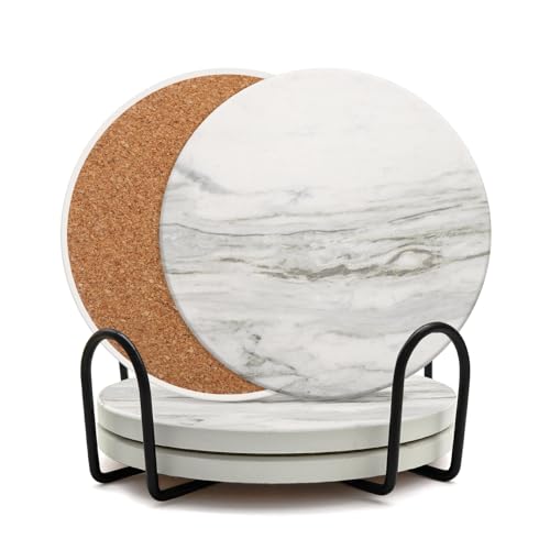 Coaster Set of 4, Ceramic Drink Coasters with Holder, 4 Inch Round (R&D) - style: 4 coasters Style D
