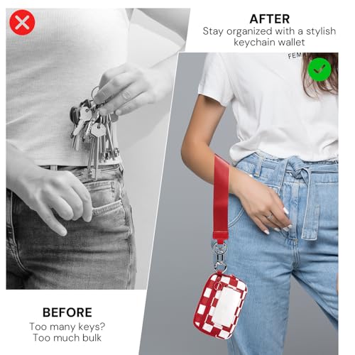 Keychain Wallet for Women with Clear ID Window, Coin Pouch and Wrist Strap - color: Red Checkerboard