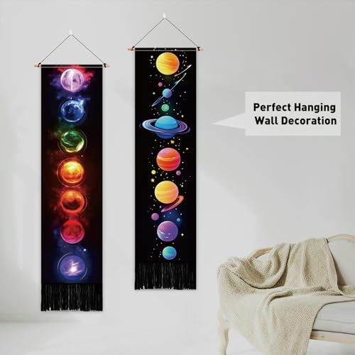 PLIGREAT 2 Pack Planets Tapestry with Tassels, Colorful Stars Art Wall Hanging Vertical Galaxy Solar System Home Wall Tapestry for Bedroom Living Room Long Narrow Decor, 52" x 13" - color: rainbow color