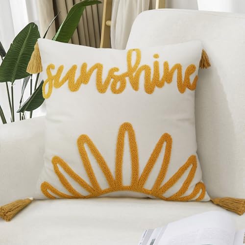 Merrycolor Boho Tufted Decorative Throw Pillow Covers 18x18 with Tassels Sunshine Bohemian Pillow Covers Cushion Covers for Couch Sofa Bedroom Living Room Yellow Beige 1PC - color: Style J, size: 18" x 18" (Pack of 1)