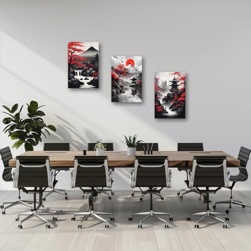 PBXBJY Japanese Canvas Wall Art 3 Pieces Japanese Landscape Painting Prints Red and Black Cherry Blossom Trees Building Pictures Living Room Office Decor Frame (16x24inchx3Pcs) - color: Black, size: 16x24inchx3Pcs