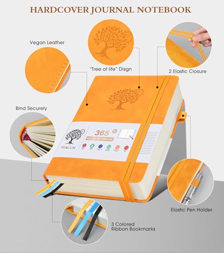 A5 Lined Journal Notebook - 365 Page Leather Journals for Writing Women & Men，Hardcover Notebook with 100Gsm Thick Pages，Daily Diary for Travel, Work，School，Note Taking，College Ruled (5.9" x 8.5") - color: Yellow, size: A5
