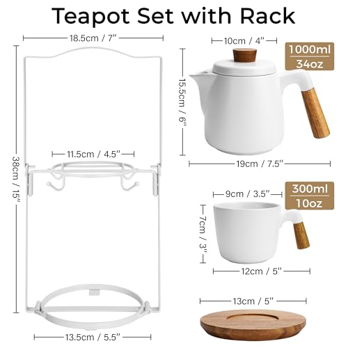 MIAMIO - Teapot Set with 4 Cups & Rack (34/10 oz) with Infuser (White) - color: White