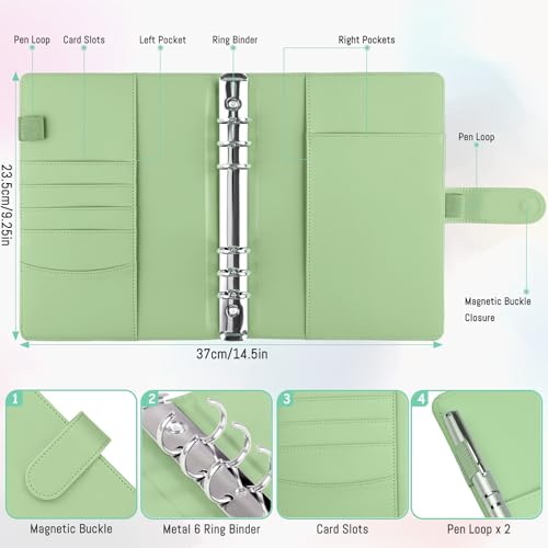 Antner A5 Binder 6 Ring Refillable Notebook Planner Cover for Cash Organizer, PU Leather Loose Leaf Photocard Holder Aesthetic Small Binder for A5 Planner Inserts with Magnetic Buckle, Matcha Green - color: Matcha Green