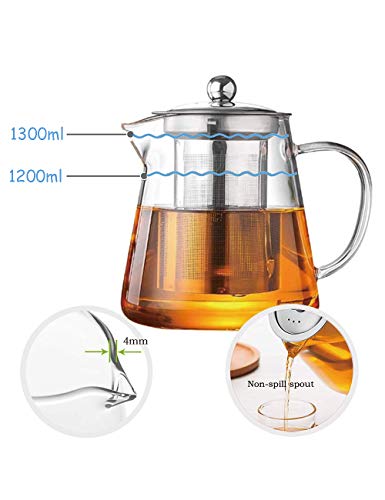 TMOST Glass Teapot with Infuser Tea Pot 1300ml/43oz Tea Kettle Stovetop Safe Blooming and Loose Leaf Tea Maker Set (43oz/ 1300ml) - size: 43 fl oz