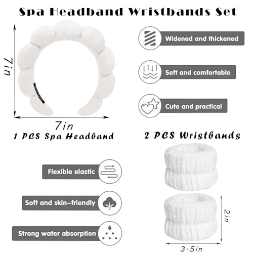 Spa Headbands for Washing Face Wristband Set Sponge Makeup Skincare Headband Wrist Towels Bubble Soft Terry Towel Cloth Hairband for Women Puffy Headwear Non Slip Thick Thin Hair Headwear (White) - color: White