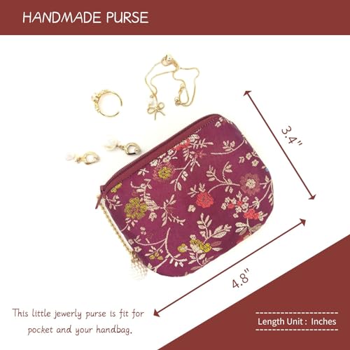 Handmade Women Coin Purse Brocade Zipper Wallet Rosary Pouch Silk Jewelry Bag - Maroon - color: Maroon
