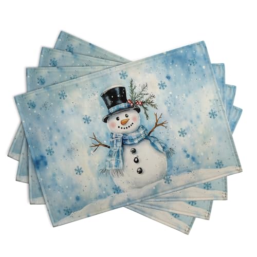 Blue Snowman Snowflake Winter Placemats Set of 4 Seasonal Christmas Linen Table Mats 12x18 Inch Xmas Holiday Snow Farmhouse Rustic Washable Place Mats for Party Kitchen Dining Outdoor Indoor Decor - color: Blue Snowman Placemats Set of 4 - a