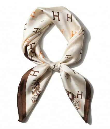 corciova Women’s Square Scarf 27.5 in (70 x 70 cm), Satin-Feel Polyester, Lightweight Fashion Scarf for Hair, Neck and Bag - color: Border Letter (Ivory / Brown)