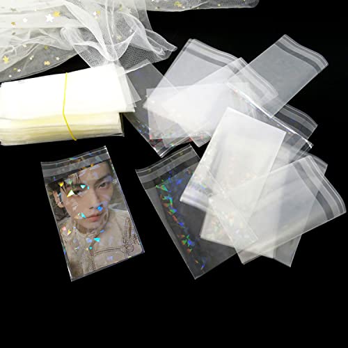 Honbay 100PCS Holographic Card Sleeves Laser Flashing Card Film Idol Photo Sleeves Trading Cards Shield Cover for Protection and Decoration (Gemstone, 65x90mm)