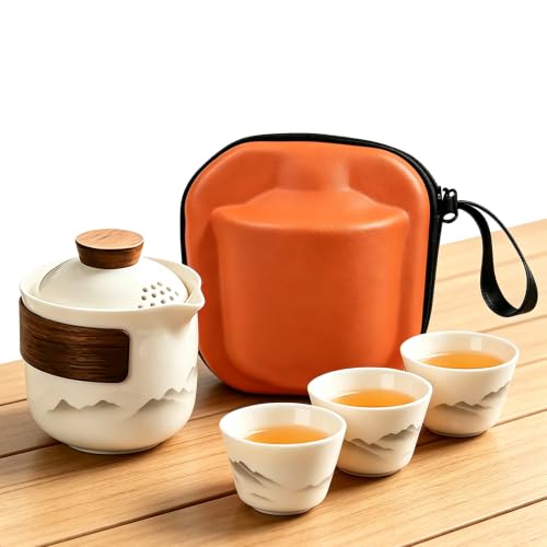 Portable Chinese Gongfu Tea Set, Travel Mini Gaiwan Teapot with Bag - color: White