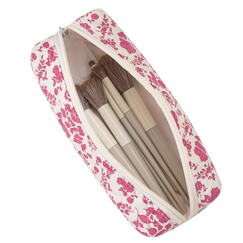 Cute Floral Cotton Makeup Brush Cosmetic Bag for Women, Travel Quilted Zipper Make Up Bag, Flowers Toiletry Organizer Case Kawaii Makeup Cosmetic Travel Cloth Pouch (Pink+Big Red Floral) - color: Two Pack: (Pink+Big Red Floral)