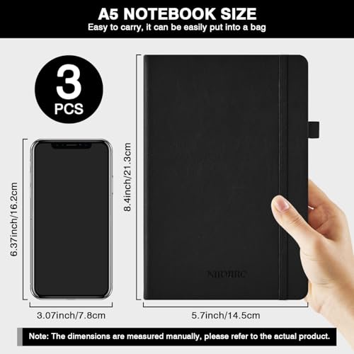 Lined Journal Notebook with Pen, A5 (5.7"x8.4"), Hardcover, Black, 3 Pack - color: 3 Black, size: A5