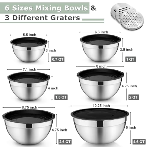 P&P CHEF Mixing Bowls with Lids Set of 6, Nesting Salad Bowl, Black - color: Black