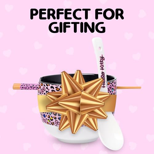 Silver Buffalo Sanrio Hello Kitty Leopard, Ramen Bowl with Chopsticks, 20oz - color: Hello Kitty Pink Leopard Print Spoon, size: 20 Ounces (With Spoon)