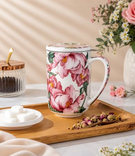 AmorArc Tea Cup With Infuser and Lid, 18oz Loose Leaf Tea Mug With Steeper - color: Colorful Peony