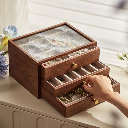 Black Walnut Wooden Women Jewelry Box with Glass Lid, 3 Layer - style: 3 Layer B
