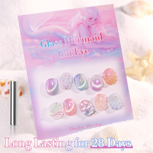 Double Rhythm Cat Eye Gel Nail Polish Set of 6 Same Color Same Bottle 0.5 Oz Shimmer Glitter with Magnet Holographic Reflective Magnetic UV Nail Polish Kit at Home (Mermaid Pink Rose-T6-31) - color: Glass Mermaid