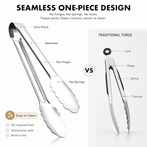 OYV Seamless Tongs for Cooking, One-Piece Design, Durable Heat Resistant Stainless Steel Tongs for Kitchen, Grill, BBQ, Salad, Dishwasher Safe, Metal Tongs Set (12" & 9") - color: Platinum Silver