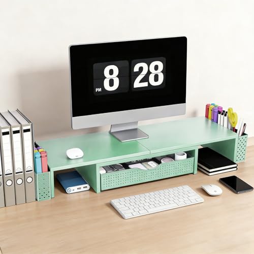 Spacrea Dual Monitor Stand Riser with Drawer and 2 Pen Holders - color: Sage Green