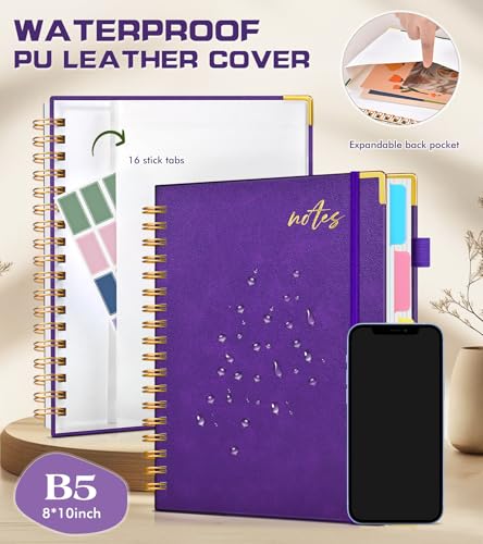 5 Subject Spiral Notebook Journal with Removable Dividers Tabs, 300 Pages Organizer Notebooks for Work School, 8"x10" Hardcover Leather Notebook College Ruled, Large Lined Journal for Women Men,Purple - color: Deep Purple, size: B5
