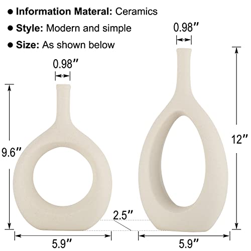 Off White Ceramic Hollow Elliptical Vase Set of 2 - Boho Circle Vase with Hole, for Modern Off White Table Decor, Living Room Decor Shelf mid Century Modern Home Entrance Decorative vase - color: Vintage White