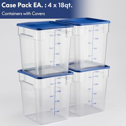 CURTA 4 Pack Food Storage Containers with Blue Lids - NSF Listed Commercial Grade in 18.0 Qt - Square, Clear, Polycarbonate - color: 18.0 Qt 4-Pack(Blue Lids)