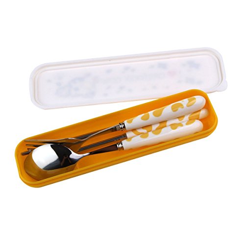 OLizee® Cute Creative Cow Pattern Design Flatware Set of 3 Ceramics Handle Stainless Steel Spoon Fork Chopsticks for Traveling Portable Lovely Animals Korean Tableware Set (Yellow)