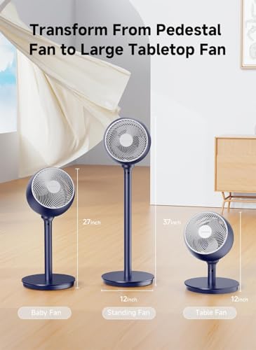AIRMATE Standing Fan for Bedroom, 9" Blade Pedestal Fan with Remote, DC Motor, 12 Speeds, Quiet 25dB, 960CFM High Airflow, 85ft, Adjustable Height (12"-37"), 12H Timer, 80° Oscillating fan, DarkBlue