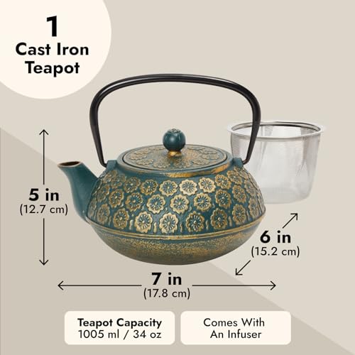 Juvale Cast Iron Tea Kettle with Infuser - 34 oz, Sage Green Floral - Loose Leaf Tea Infuser Pot & Japanese Cast Iron Teapot - color: Green, size: Medium