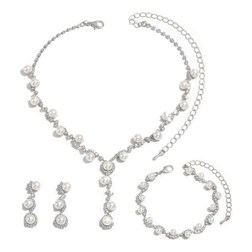 Pearl Bride Wedding Jewelry Set Faux Pearls Crystal Rhinestone Necklace Earrings Bracelet Sets for Women Bridesmaid(3 PCS) - color: Silver-White-3Set