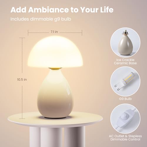 Mushroom Lamp Small Vintage Table Light, Mini Modern Lamp Bedside Nightstand LED, Small Light Dimmable for Bedroom, Living Room, Ceramic Base Glass Led Home Decor for Woman Gifts - color: White