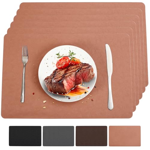 Coral Vinyl Placemats Set of 6 Waterproof Wipeable Table Mats - color: Coral