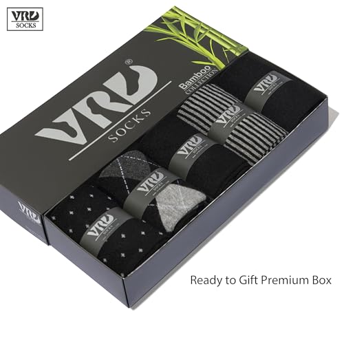 VRD Men's Dress Socks Bamboo Rayon, 5-Pack Crew Socks, Multiple Colors and Designs, Shoe Size 8-13, Gift Box - color: 01: Black, 5-pack Mix (2 Solid, 1 Striped, 1 Dotted, 1 Argyle)