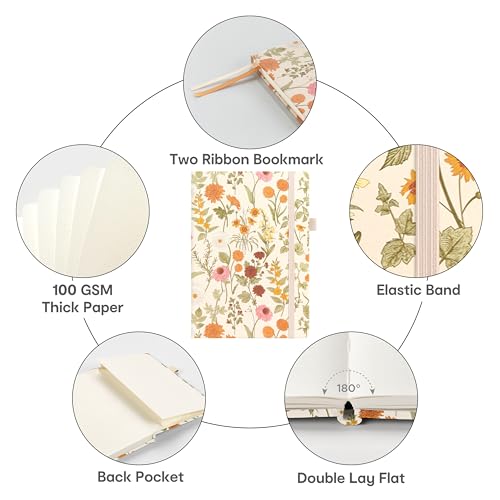 &And Per Se Dotted Journal Notebook, A5 Hardcover Aesthetic Dotted Notebook – 160 Pages 100gsm Thick Dot Grid Paper, 3 Sticker Sheets – Gift-Ready Journaling Kit for Women (Wild Flowers) - color: a.Wild Flowers, style: Dotted with Pattern