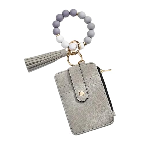 Boho Beaded Wallet Wristlet Keychain Card Holder Tassel Purse - color: A6:gray
