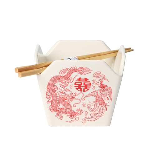 Urban Tokyo Chinese Takeout Box Style Porcelain Bowl With Chopsticks 18 fl oz Square Shape Rice Noodles Pasta To Go Box Shaped Bowl Microwave Dishwasher Safe (Phoenix & Dragon) - color: Phoenix & Dragon