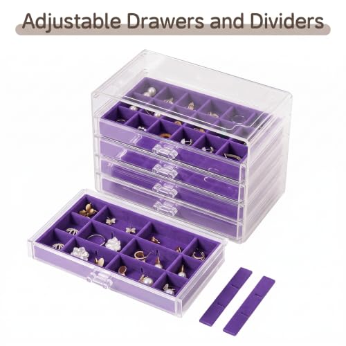 Frebeauty Acrylic Jewelry Box for Earrings,Jewelry Organizer with 5 Drawers - color: Purple