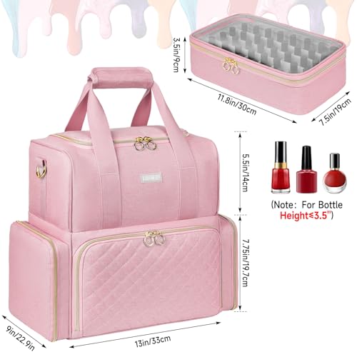 Nail Polish Organizer Holds 80 Bottles and a Nail Lamp,Nail Polish Carrying Case with 2 Removable Bags,Nail Organizers and Storage for Nail Tech,Portable Nail Polish Holder for Nail Supplies,Pink - color: Pink