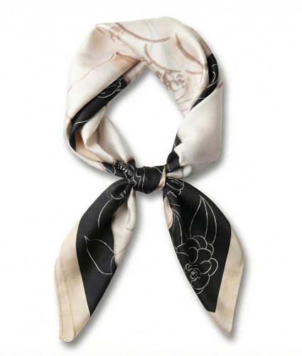 corciova Women’s Square Scarf 27.5 in (70 x 70 cm), Satin-Feel Polyester, Lightweight Fashion Scarf for Hair, Neck and Bag - color: Floral (Black / Off White)