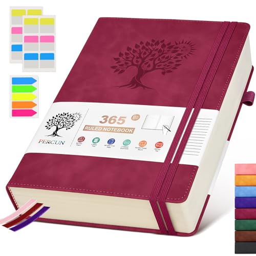 PERCUN B5 Lined Journal Notebook - 365 Page Large Leather Journals for Writing Women Men，Hardcover Notebook with 100Gsm Thick Pages，Daily Diary for Travel, Work，School，College Ruled (7.6" x 10.3") - color: Wine red, size: B5