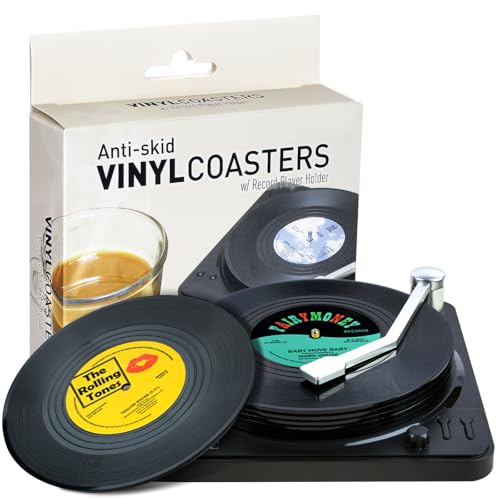 Funny Retro Record Coasters for Drinks with Vinyl Player Holder for Music Lovers,Set of 6 Conversation Piece Sayings Drink Coaster,Housewarming Hostess Wedding Registry Gift Ideas - style: A008