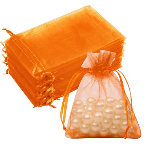 50PCS Orange Organza Bags 3x4, Small Gift Bags Mesh Drawstring Pouches Mini Sheer Baggies for Jewelry Candy Sachet Goodie Party Favor Bag for Birthday Wedding Gifts Halloween - color: Orange