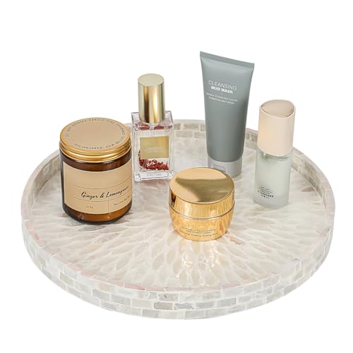 12.5" Lazy Susan for Table Top – Mother of Pearl Spinning Turntable Serving Tray, Marble Lazy Susan Organizer for Dining Table Centerpiece, Kitchen Island Decor, Bathroom Counter, Outdoor Use (White) - color: White