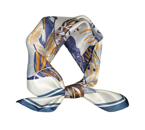 100% Pure Mulberry Silk Scarf 21" Women Square Scarf Neckerchief Headscarf - color: Gray and Blue Leaves