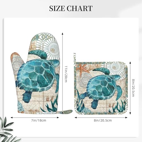 Vintage Nautical Sea Turtle Oven Mitts and Pot Holders Sets, 4pcs Silicone Non-Slip Kitchen Mitts Potholders Heat Resistant BBQ Gloves Hot Pads for Cooking Grilling Baking Microwave Chef Gifts Decor - color: 5